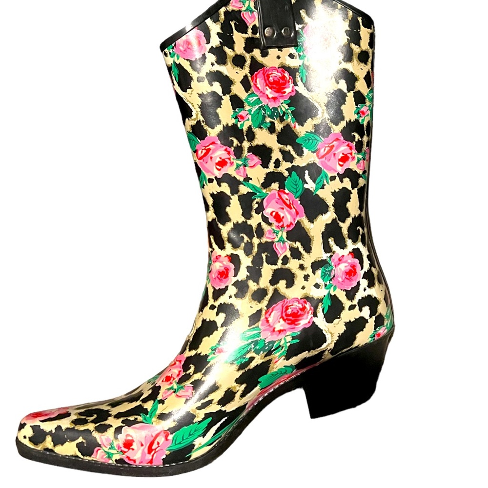 Nomad Yippy Rubber Rain Boots Women Size 10 Rose Leopard Print Cowboy Western